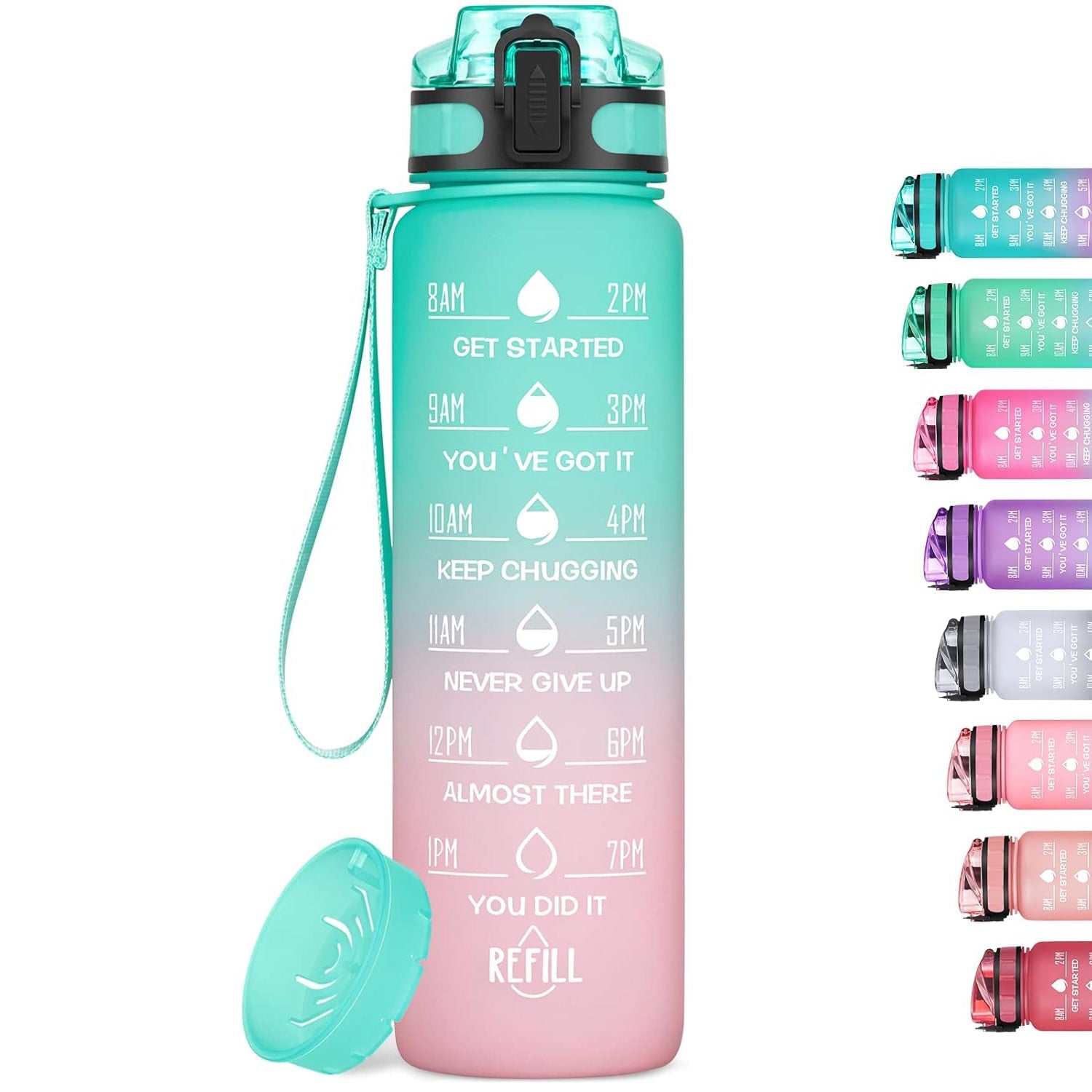 Motivational Fitness Sports Water Bottle Leakproof BPA-Free with Time Marker 1000 ml Bottle Pack of 2, Multicolor, Silicone GenzVybs